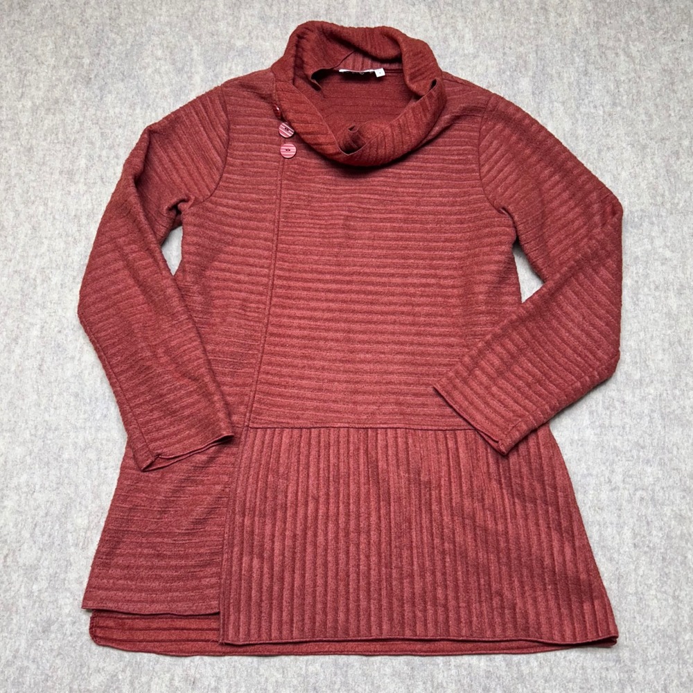 Habitat Cowl Neck Tunic Knit Sweater Women Small Orange Ribbed Pleated Oversized